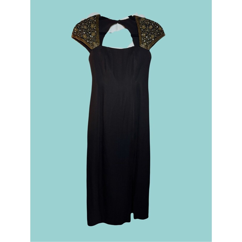 Vintage En Français Black Cocktail Dress Beaded Shoulder 80s 90s size 4 petite
